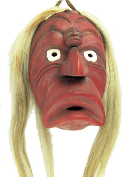 Iroquois Mask: Mid 1900s, Classic design hand carved and painted False Face mask with exaggerated figures, horsehair, and inlaid bone eyes. Minor use, very good condition. 11-1/2" x 7-3/4" x 5-1/2" + hair