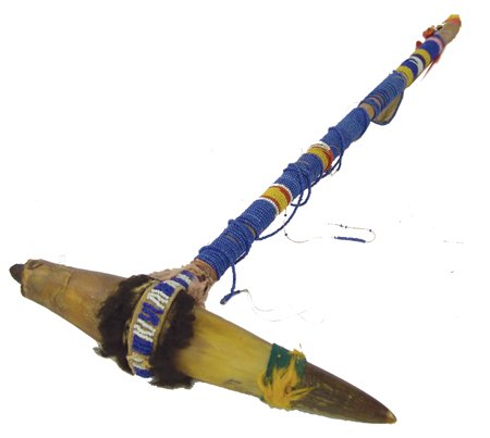 Sioux Beaded Wand: Early 1900s, Traditional old horn tip dance wand (one tip damaged) with wrapped beaded haft. Good condition, some missing/loose beads. * 20" long x 8-1/2" *This piece is from the collection of an atto