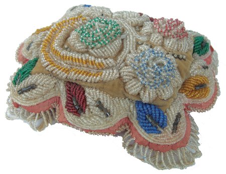Iroquois Beadwork: Ca. 1900, Popular beaded tourist "whimsy" done in raised Niagara beadwork style. Some bead loss, otherwise very good condition. 11" x 9" x 4"