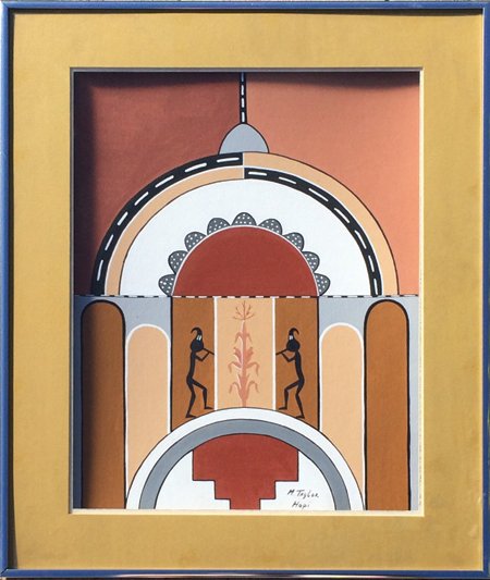 Hopi Artwork - M. Taylor: Ca. 1968, Outstanding acrylic depicting hunchback flute players and a corn motif. Matted and framed. Very good condition. 16" x 12"