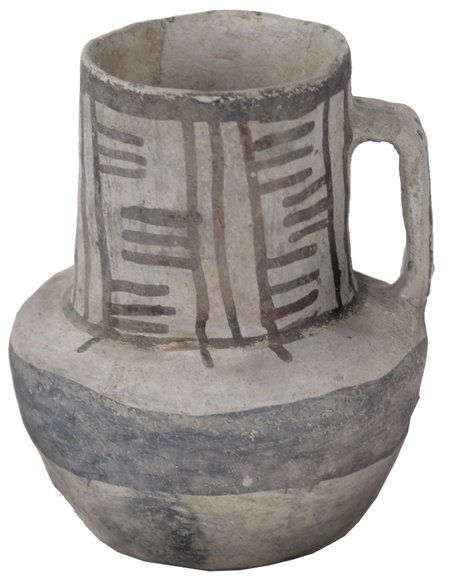 Anasazi Pottery Pitcher: Prehistoric, Beautiful black-on-white Chaco pitcher with simple design. In as-found, very good condition. 6-1/2" x 5"