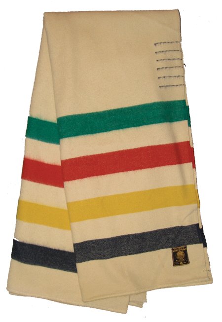 Hudson Bay Blanket: Ca. 1940s, Classic sturdy weave 6-Point "Early's Whitney Point" blanket with blue, yellow, red, and green stripes. Very good, usable condition. 96" x 88"