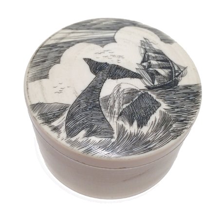 NW Coast Trinket Box: Ca. 1950s, Fine scrimshaw-lidded walrus ivory box depicting a whale and a sailing vessel at sea. Great condition. 1-1/4" x 2-1/4"
