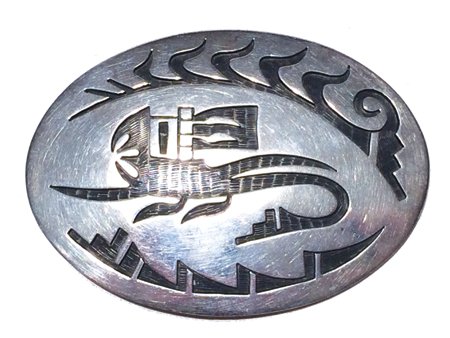 Hopi Pin/Pendant: Late 1900s, Classic all-silver overlay pin/pendant depicting a katsina and corn stalk. Very good condition. 2-1/2" x 1-7/8"
