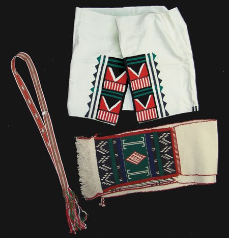 Hopi Woven Dance Set: Mid/Late 1900s, Beautiful hand woven and embroidered skirt and sash of wool and cotton, plus a traditional woven wool belt (60" + 10" fringe). All in very good condition, showing a little use. Skirt 5