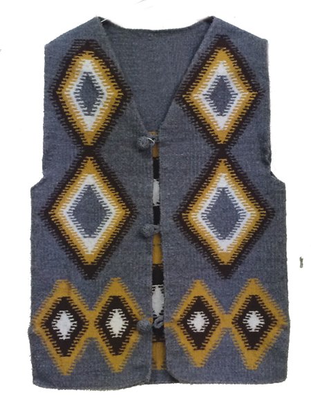 Navajo Vest: Ca. 1970s, Traditional natural vegetal dyed and homespun wool vest with diamond motif on front and back, and matching crocheted buttons. Very good condition. 28" x 20" (Large)