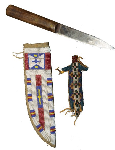 2 Beadwork Items: Mid/Late 1900s, A nice buckskin-covered rawhide sheath plus a beaded animal fetish. Both in very good condition. Sheath 10-1/2", fetish 6-1/4"