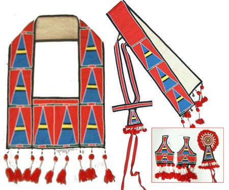 Crow Horse Outfit: Ca. 1970s, Set of matching hand crafted heavy canvas cloth and beaded parade gear including bandolier, should strap, forehead rosette, and two stirrup covers. All in very good, usable condition. Stand