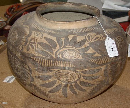 Huastecan Pottery Jar: Ca. Early 1900s, Large Huastecan pottery water jar from San Luis Potosi, Mexico. Good. well used condition. 9" x 13"