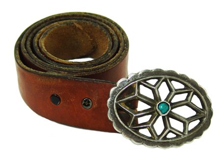 Navajo Buckle and Belt: Ca. 1950s, Classic sand cast heavier silver open-work buckle with single turquoise stone on a vintage belt. Very good usable condition. 41-1/2" long, buckle 2-1/4" x 3"