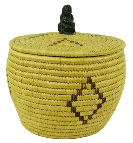 Eskimo Basket: Ca. 1950s, Large beautiful hand woven lidded Eskimo basket with a soapstone carving as the handle, and simple geometric done with dark seal skin. Very good condition, the soapstone carving needs to be