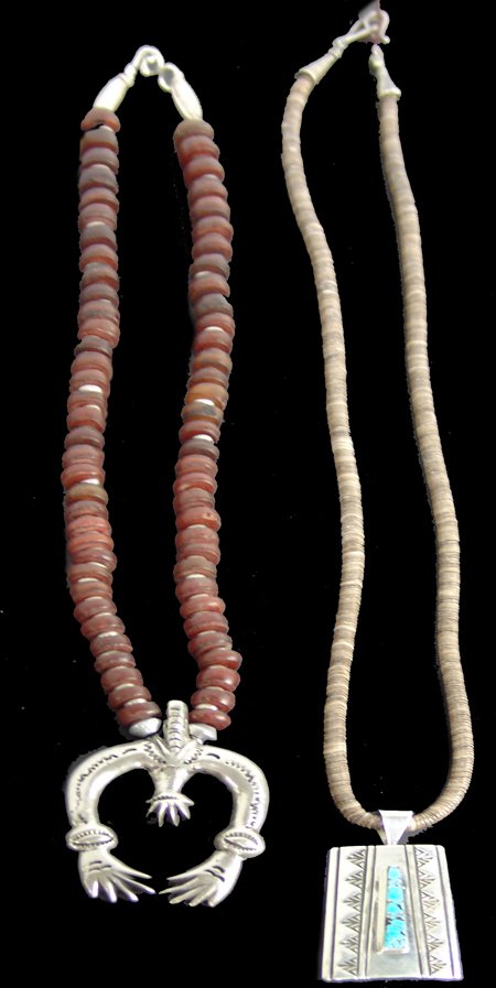 2 Pueblo Necklaces: Ca. 1960s-1980s, A finely inlaid silver trapezoid pendant hallmarked "MW" on fine shell heshi by Joe and Terry Reaves, plus a short strand of graduated carnelian beads with silver spacers and silver c