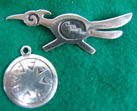 2 Navajo Pins - Joe Quintana: Set of two pins including a beautiful overlay pendant and an overlaid roadrunner pin, both by the famous Joseph H. Quintana. Very good condition. Ex. Irma Bailey Collection Pin1" x 3", Pendant 1-1/4"