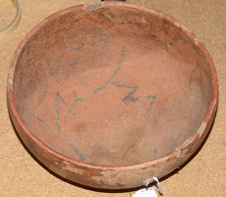 Salado Pottery Bowl: Prehistoric, Classic black-on-red deep Pinto bowl with curvilinear and hatched motif. Glued but not restored. 4" x 8-1/2"