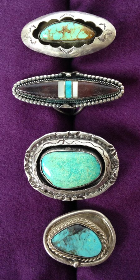 4 Navajo Rings: Ca. 1970s-1980s, Collection of four traditional Navajo rings, two done in shadow box design. All in good usable condition. Size 8, 9, 10-1/2, 12