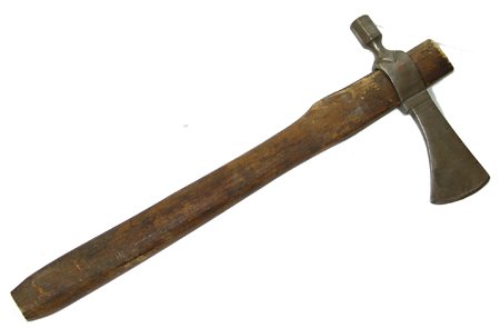 Antique Pipe Axe: Mid 1900s, Beautiful cast iron pipe axe head with a wooden haft. Good condition. 17-1/2" long, head 2-3/8" x 7-3/4"