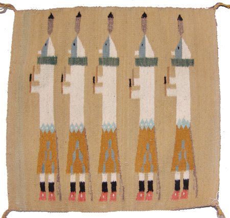 Navajo Rug/Weaving: Mid 1900s, Nice little vintage rug done in earth tones featuring five Yei Bei Chei dancers. Very good condition, lightly used. 25" x 26"
