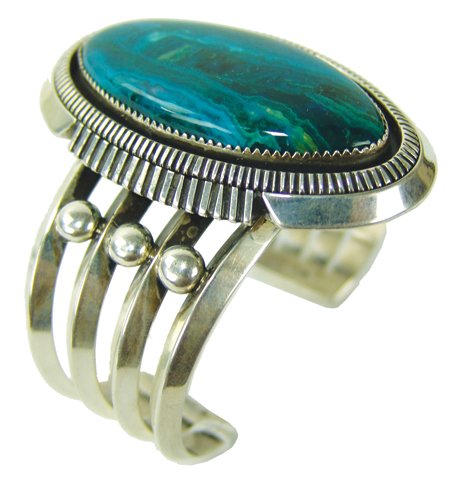 Navajo Bracelet - Begay: Late 1900s, Outstanding heavy gauge all-silver bracelet set with an exciting aqua agate stone and done with expert detail. Excellent condition. 5-3/4" + 1-1/4" x 2-1/2"