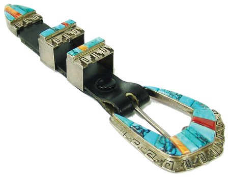 Navajo Buckle Set - David Clark: Late 1900s, Exquisite raised mosaic inlay ranger buckle done in silver with turquoise, coral, spondulus stones. Excellent condition. His work is very hard to come by. 6-3/4" x 3/4, buckle 2" x 2-1/8"