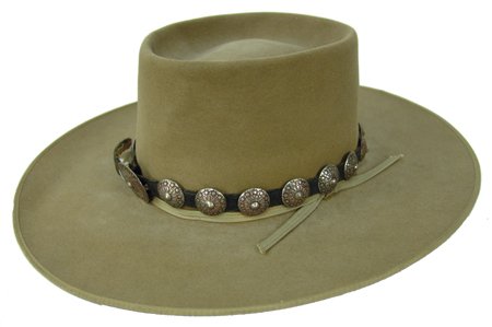 Navajo Hat Band and Hat: Mid/Late 1900s, Vintage hand wrought all-silver concho belt-style hat band with great patina, plus a Stetson hat marked "Western Ranchman Outfitters - Cheyenne, Wyo." Hatband 29"