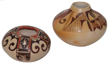 2 Hopi Pottery Jars - Adelle Nampeyo: Ca. 1970s-1980s, Pair of small similar pottery jars, one with a yellow slip, the other buff. Both in very good condition. 2-5/8" x 3-3/8", 2" x 3"