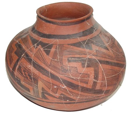Anasazi Pottery Jar: Prehistoric, Huge Salado Pinto black-on-red water olla with hatched and solid elements in the geometric design. Very good condition, some professional restoration. 11" x 12-1/2"