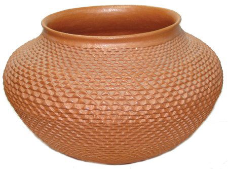 Acoma Pottery Jar: Late 1900s, Very large corrugated mica clay redware water jar in very good condition. Unsigned, but probably by Shutiva. 10-3/4" x 14-1/2"