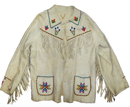 Plateau Buckskin Jacket: Mid 1900s, Beautiful handcrafted tanned buckskin jacket with stars, chevrons, and other interesting symbols beaded on the front and back. Very good condition. Men's Large