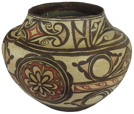 Zuni Pottery Jar: Ca. 1900, Fantastic old polychrome pottery olla with traditional rosettes and other typical figures and symbols. Very good condition, old and used. 9-1/2" x 11"