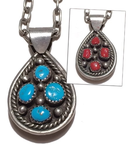 Navajo Necklace: Mid 1900s, Beautiful two-sided shadow box pendant necklace with four turquoise cabochons on one side and four coral cabochons on the other. 26" long, pendant 1-1/2" x 7/8"