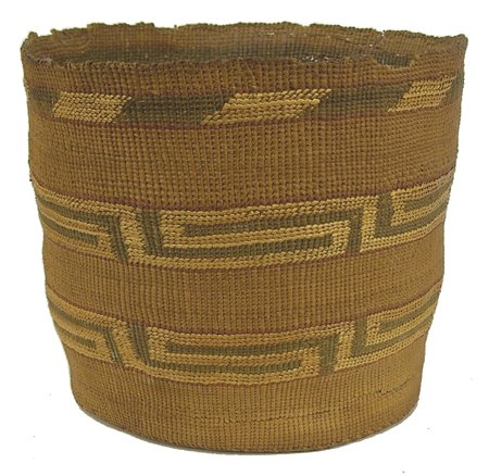 Tlingit Basket: Early 1900s, Classic fine weave cylinder basket with imbricated geometric designs on the exterior. Very good condition, but has some missing rim sections. From the Herb and Peggy Puffer Collection, Fo