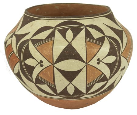 Acoma Pottery Jar: Ca. 1960s, Classic design polychrome olla with interesting curvilinear motif. Very good condition, some pitting. From the Herb and Peggy Puffer Collection, Folsom, California. 7-1/4" x 9-1/2"