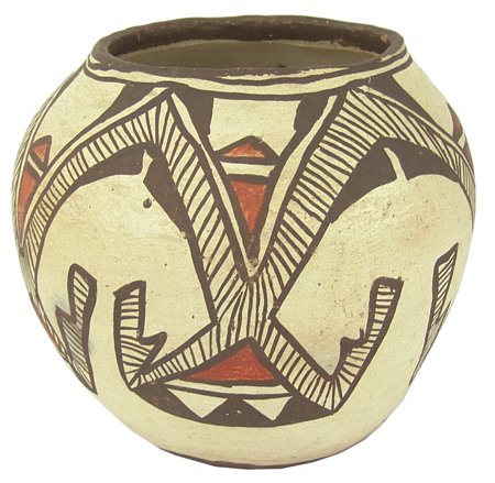 Laguna Pottery Jar: Ca. 1940, Interesting design polychrome pottery jar with nice patina. Very good condition. From the Herb and Peggy Puffer Collection, Folsom, California. 7-1/4" x 7-1/2"