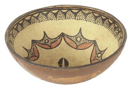 Santo Domingo Pottery Bowl: Early 1900s, Classic old polychrome bowl with unique interior design. Very good used condition. From the Herb and Peggy Puffer Collection, Folsom, California. 3" x 8-3/4"