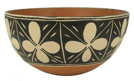 Santo Domingo Pottery Bowl - Robert Tenorio: Ca. 1980s, Beautiful classic design polychrome bowl with traditional floral motif. Very good condition. From the Herb and Peggy Puffer Collection, Folsom, California. 5" x 9-3/4"