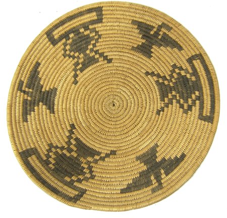 Havasupai Basket: Early 1900s, Small fine weave tray with eagle figures and other interesting symbols. Very good condition. From the Herb and Peggy Puffer collection, Folsom, California. 1-1/4" x 8"