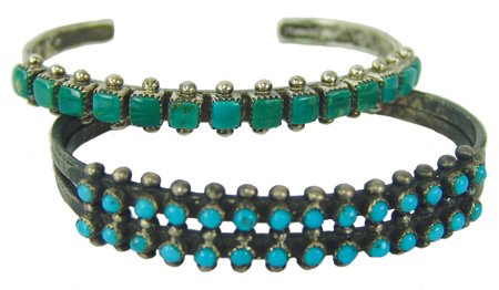 2 Zuni Bracelets: Mid 1900s, Both of turquoise and silver including a square-cut version by Agnes Bowekaty, and another vintage needlepoint row bracelet, unsigned. Both in very good condition with nice patina. Largest