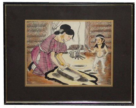 Andy Tsinajinnie (1916-2000): Ca. 1970, Signed original pen and watercolor - "Woman Grinding Corn." Very good condition. 10-1/2" x 13-1/2" (17" x 20-3/4" framed)