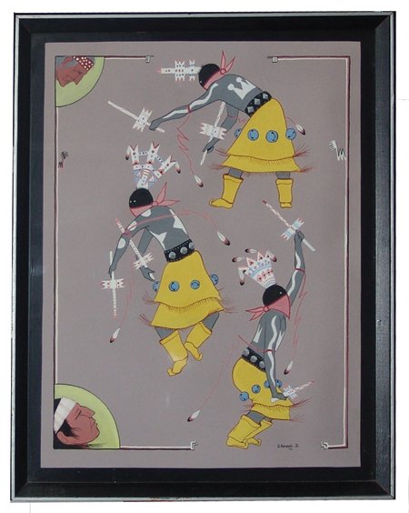 Robert Becenti, Jr. (1949-2001): Ca. 1970, Signed original gouache on gray paper titled "Apache Devil Dancers." Very good condition. 18-3/4" x 14-1/4" (20-1/4" x 17" framed)