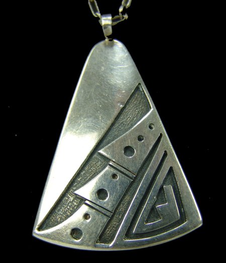 Hopi Pendant Necklace - Manuel Hoyungowa: Ca. 1970s, Traditional silver-on-silver overlay pendant with contemporary design and silver chain. Very good condition, also has Hopi Silver Craft Guild hallmark. 28" long, pendant 2-3/8" x 1-5/8"