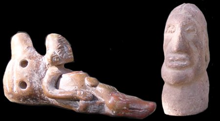 Stone Artifacts: Prehistoric, Pre-Columbian artifacts from Nayrit, Mexico, including a clay whistle and a one-piece stone head. Good condition. Ex. Dr. Joseph Graves Collection. Whistle 5" x 2-1/2", head 5-1/2" x 3-1/