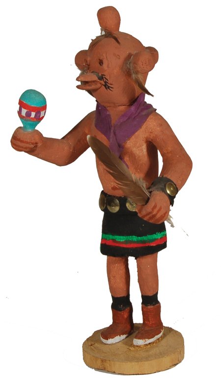 Hopi Kachina Carving - Logan Dallas: Ca. 1970s, Traditional hand carved and painted cottonwood root mudhead doll with rattle and fan. Good condition. 10"