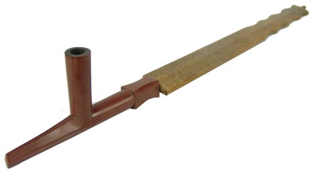Plains Pipe and Stem: Early 1900s, Great old hand carved pipestone head plus matching flat wooden stem. Very good condition. 26"