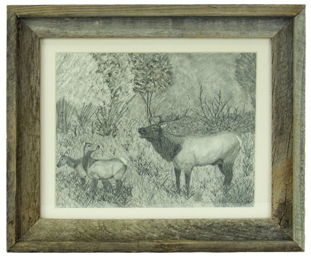 Katie Mitchell Sutich: Early 2000s, Fine signed original pencil on paper - "Elk Family." Very good condition. 8" x 11" (13" x 16" framed)