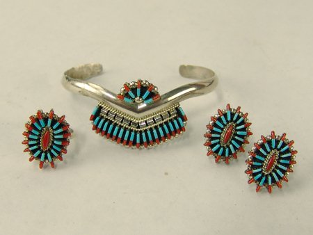 Zuni Jewelry Set - Edmund Cooyate: Ca. 1980s-1990s, Exquisite matching turquoise and coral needlepoint bracelet, ring, and clip-on earrings (7/8" x 5/8"), all done with traditional silver. Excellent condition. Brac. 5" + 1-1/4" x 1", r