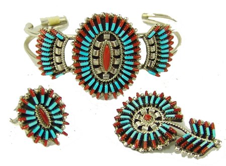 Zuni Jewelry Set - Edmund Cooyate: Late 1900s, Exquisite micro needlepoint turquoise, coral, and silver work; includes matching bracelet, ring, and pin/pendant (1-1/2" x 1"). Excellent condition. Ring size 7-1/2, brac. 5-1/4" + 1-1/4"