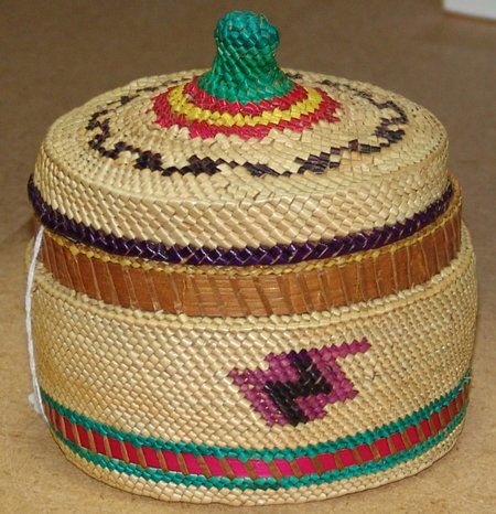 Nuu-Chah-Nulth Basket: Ca. 1980s, Classic and colorful fine weave trinket basket with lid (probably not original, doesn't quite fit). Very good condition. 4-1/4" x 4-1/2"