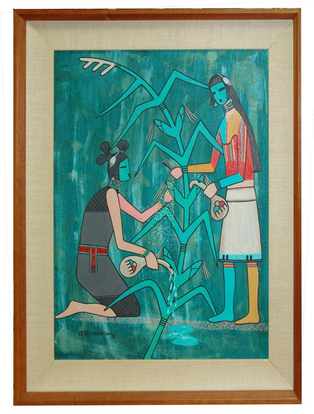 Honvantewa (Terrence Talaswaima) (1939-1988): Ca. 1979, Signed original multimedia on canvas board depicting Hopi corn tenders. Very good condition. 19" x 15" (24-1/2" x 20-1/2" framed)