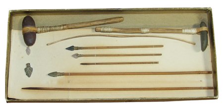 Miniature Artifact Collection: Mid 1900s, Includes hoe/adz, club, bow, spear, lance, three arrows, and two small points. Very good condition. These are really well made. 1" to 8-1/2"