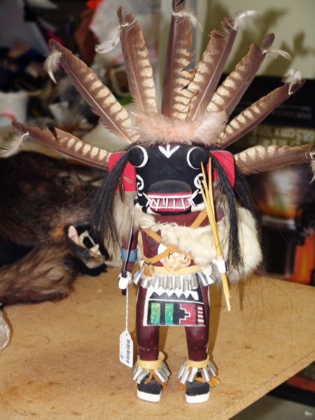Hopi Kachina Carving - Claude Saskevaya: Ca. 1966, Outstanding hand carved and painted cottonwood root Black Ogre doll with large knife. Very good condition. 21" x 17" x 6-1/2"